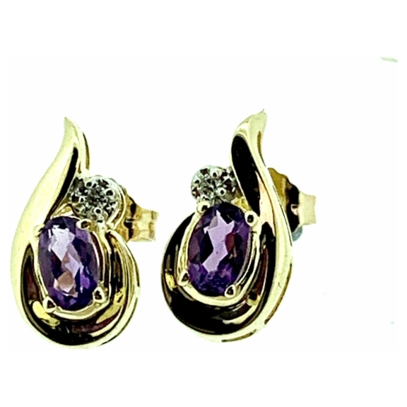 9ct Yellow Gold Amethyst & Diamond Fancy Teardrop Stud Earrings