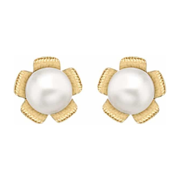 Yellow Gold Pearl and Flower Stud Earrings