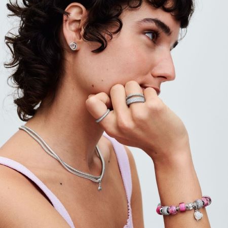 Pandora Moments snake chain necklace layered look pink accents