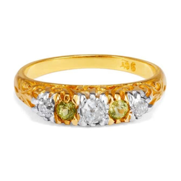 9CT YELLOW GOLD DIAMOND AND PERIDOT 5 STONE