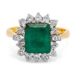 18ct Yellow Gold Emerald cut Emerald & Diamond Cluster Ring