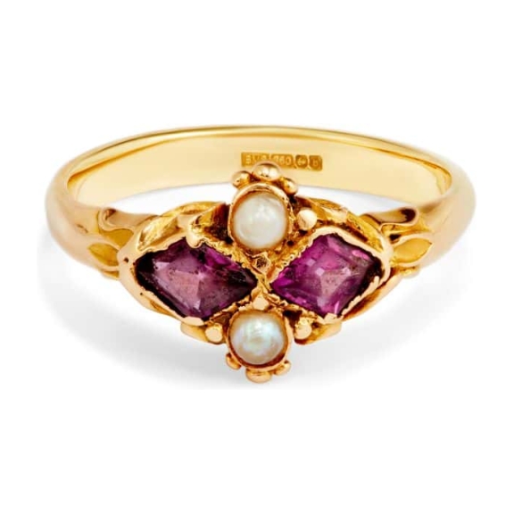 Yellow Gold Pearl and Rhodolite Ring