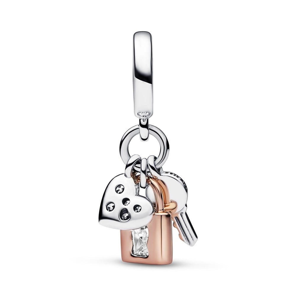Sterling Silver & 14K Rose Gold Diamond Heart Lock & Key Pendant