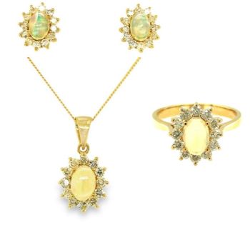 9ct yellow gold oval opal diamond cluster jewellery set