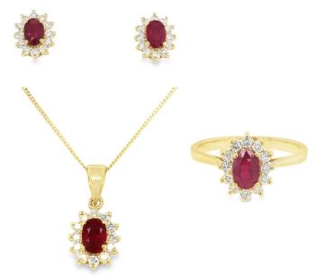 9ct yellow gold oval ruby diamond cluster ring