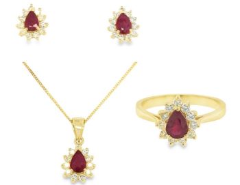 9ct yellow gold pear cut ruby diamond cluster set